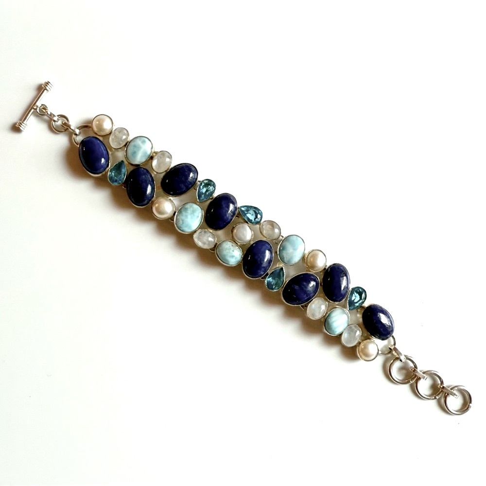 Lapis Lazuli Pearl Larimar Blue Topaz Moonstone Gemstone Silver Plated Bracelet